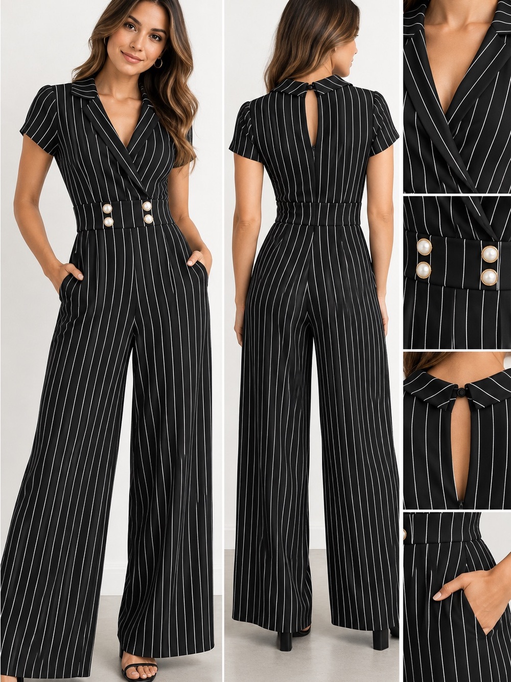 No Boundaries Black Pinstripe Wide-Leg Jumpsuit with Gold Buttons